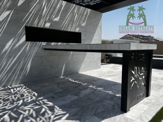 Mesa Landscape Design-Fireplace Wall-Custom Tabletop-Travertine-Buescher