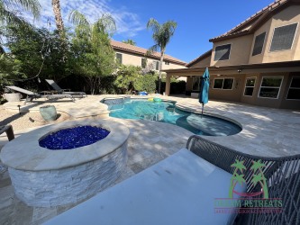 Scottsdale Landscape Design-Custom Patio Firepit-Travertine Pool Deck-Kshatriya