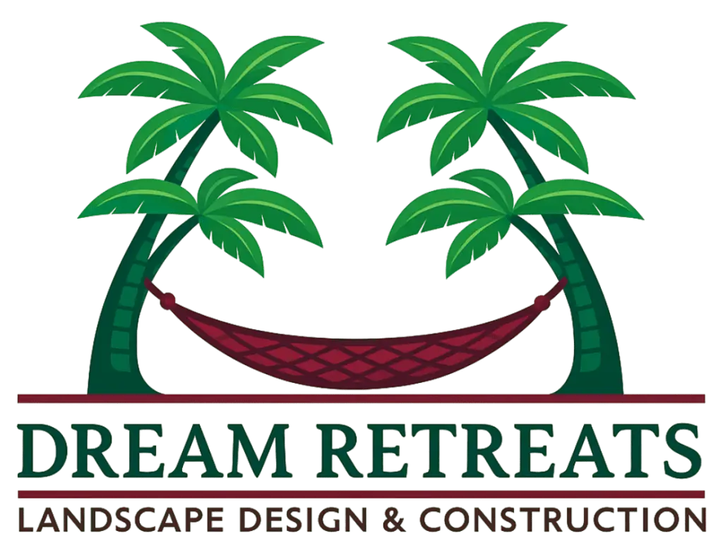 Dream Retreats logo featuring palm trees and a hammock, landscape design and construction.