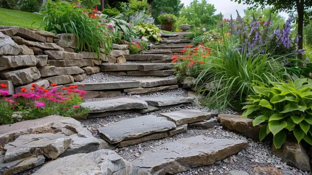 Stone pathway leading through vibrant garden with colorful flowers and lush greenery, illustrating landscape installation and design for outdoor spaces.