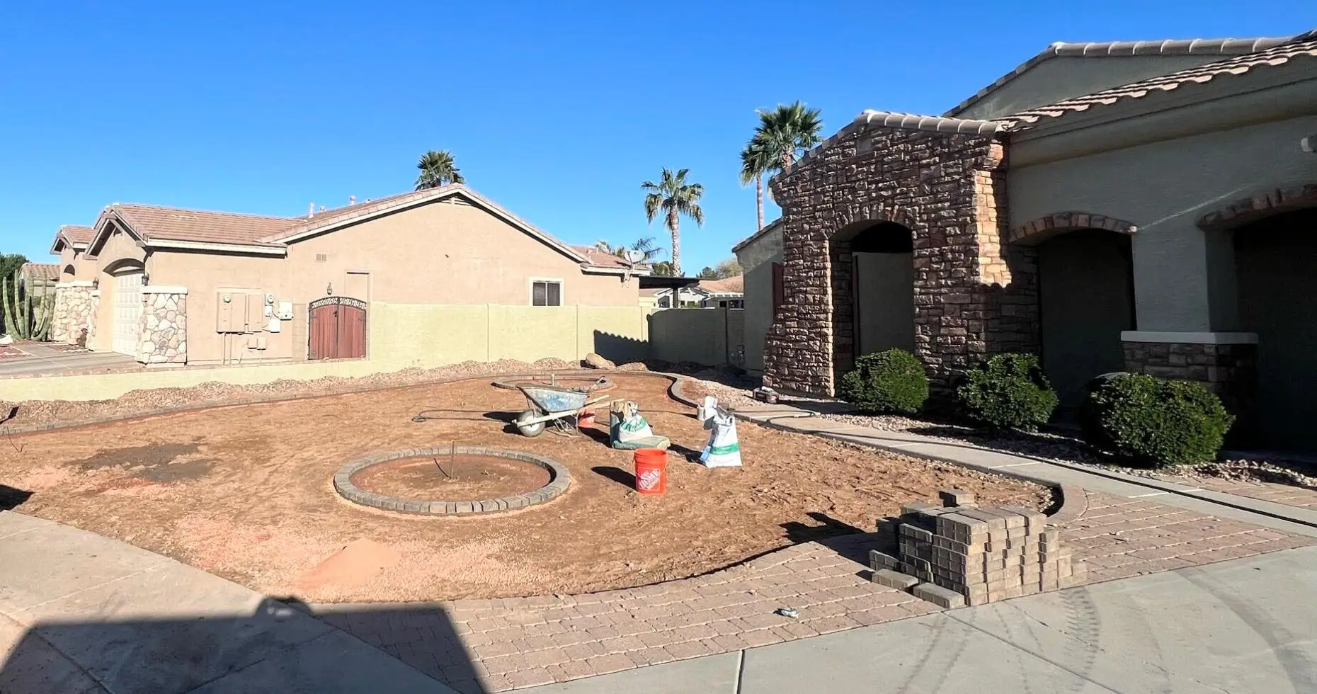 Chandler front yard mid-construction with paver circle taking shape