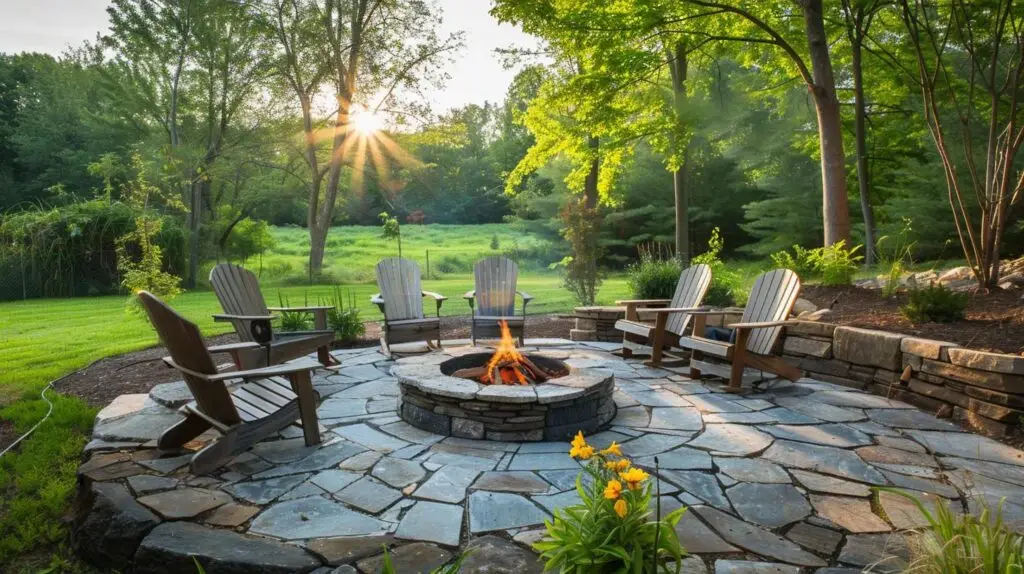 Stone fire pit and seating area in hardscape design for outdoor gatherings