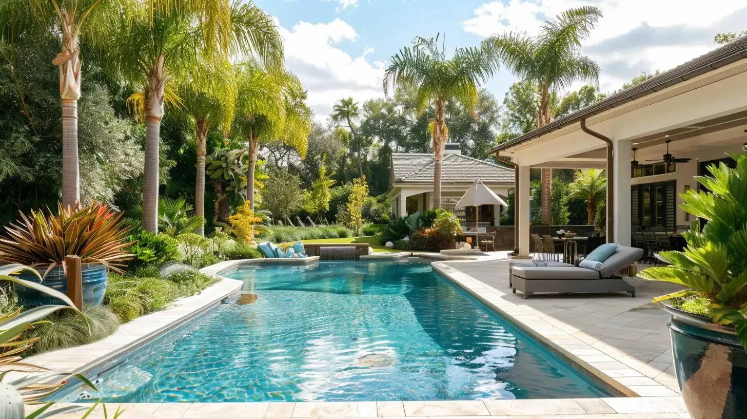 Resort-style backyard oasis with pool, tropical plants, and lounge areas.