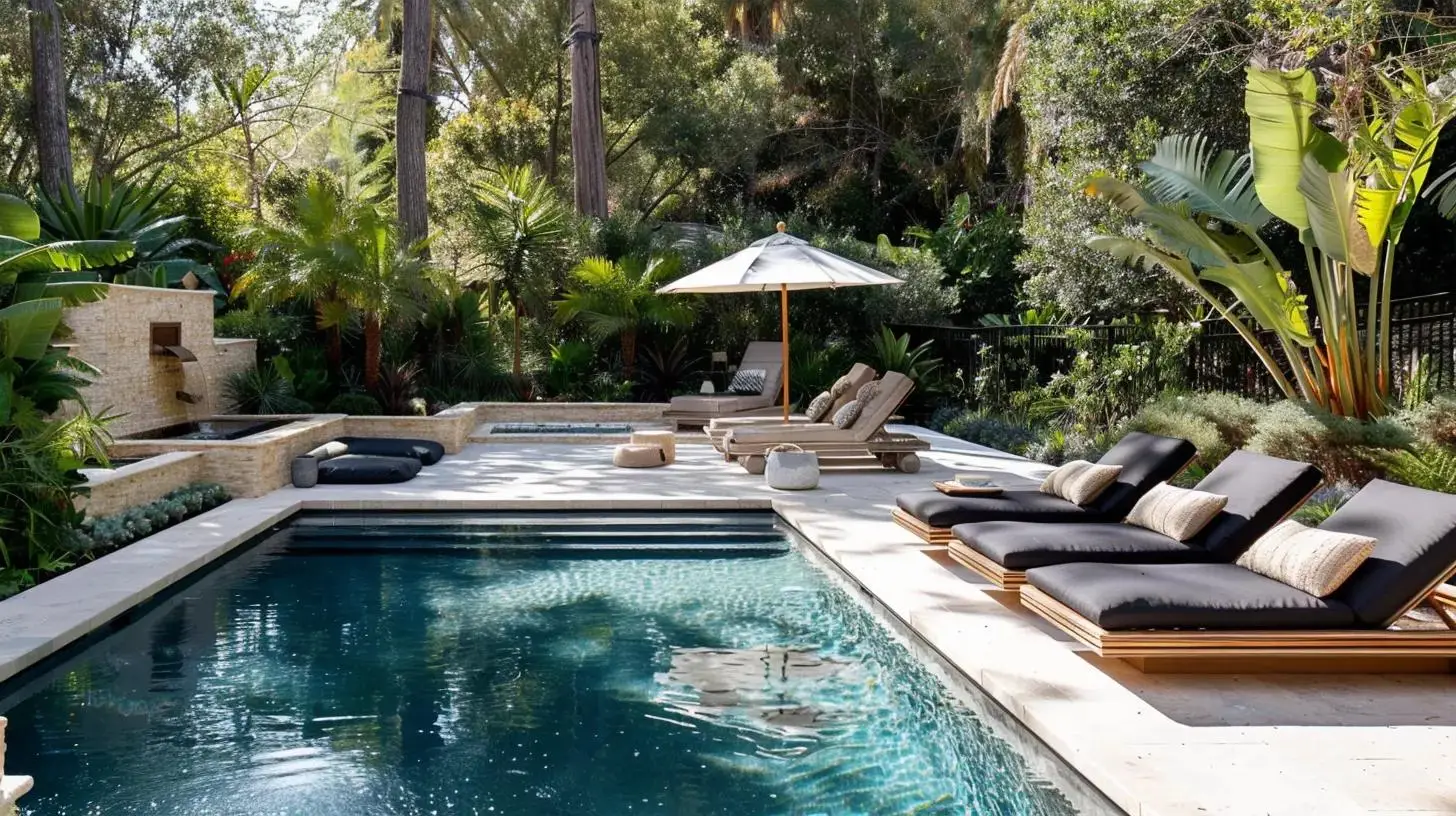 Resort-style backyard oasis with swimming pool, lounge chairs, and cascading water feature.