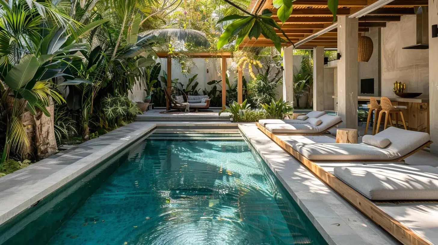 Lush tropical landscape and pool area creating a resort-style backyard oasis.