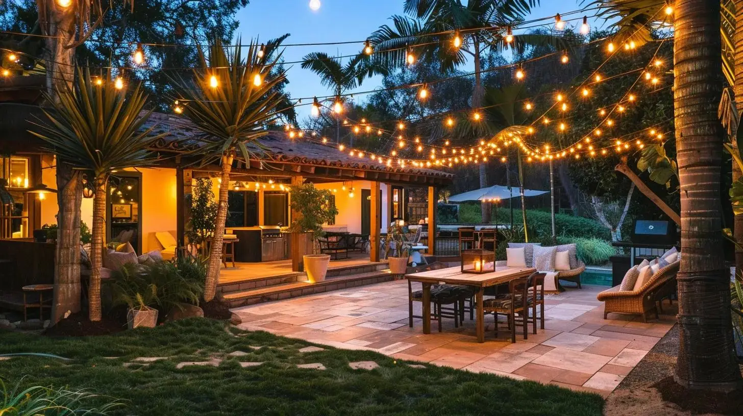 Resort-style backyard with layered lighting, string lights, and dining area.