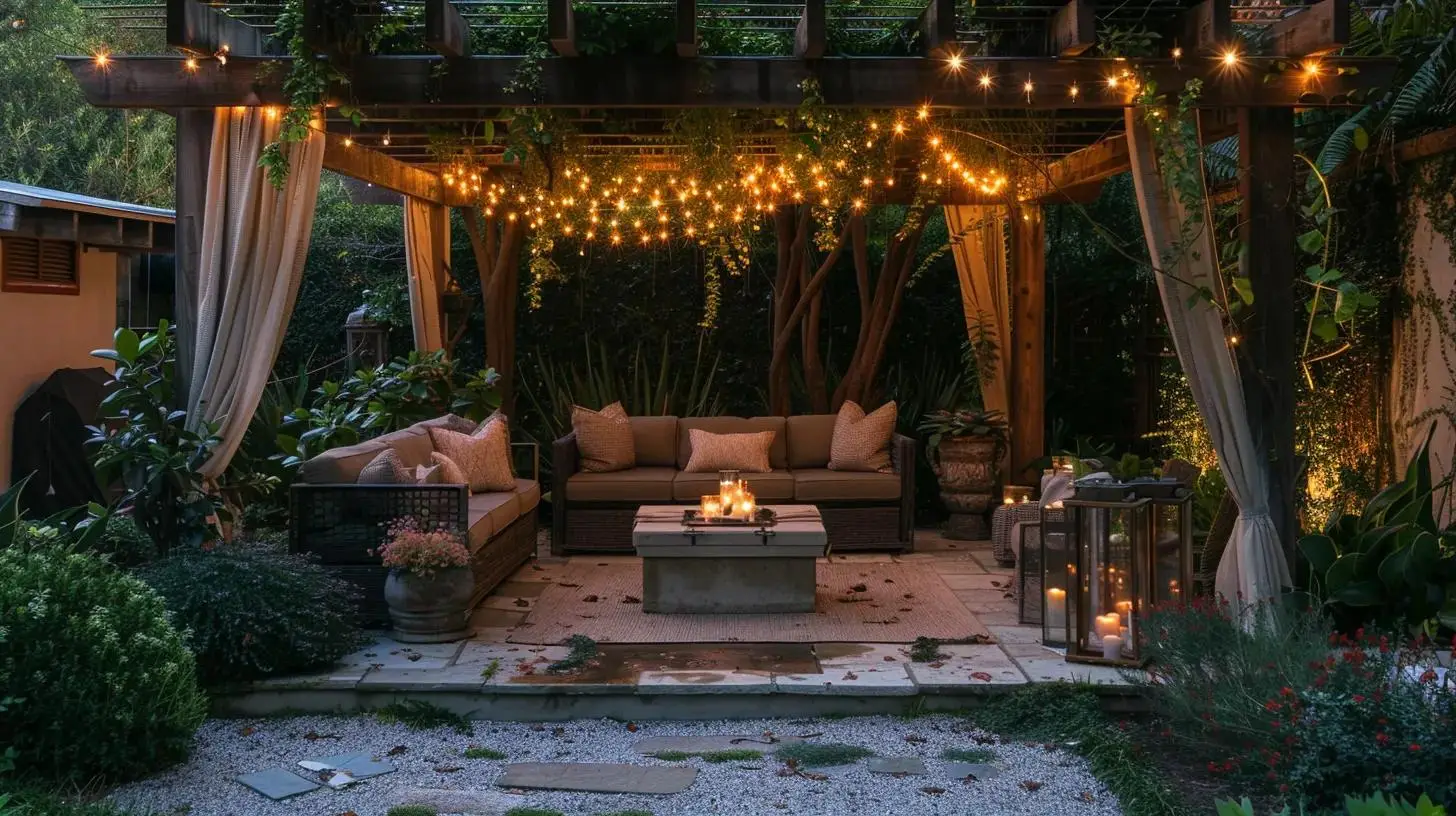 Outdoor pergola with string lights and seating area for evening gatherings.