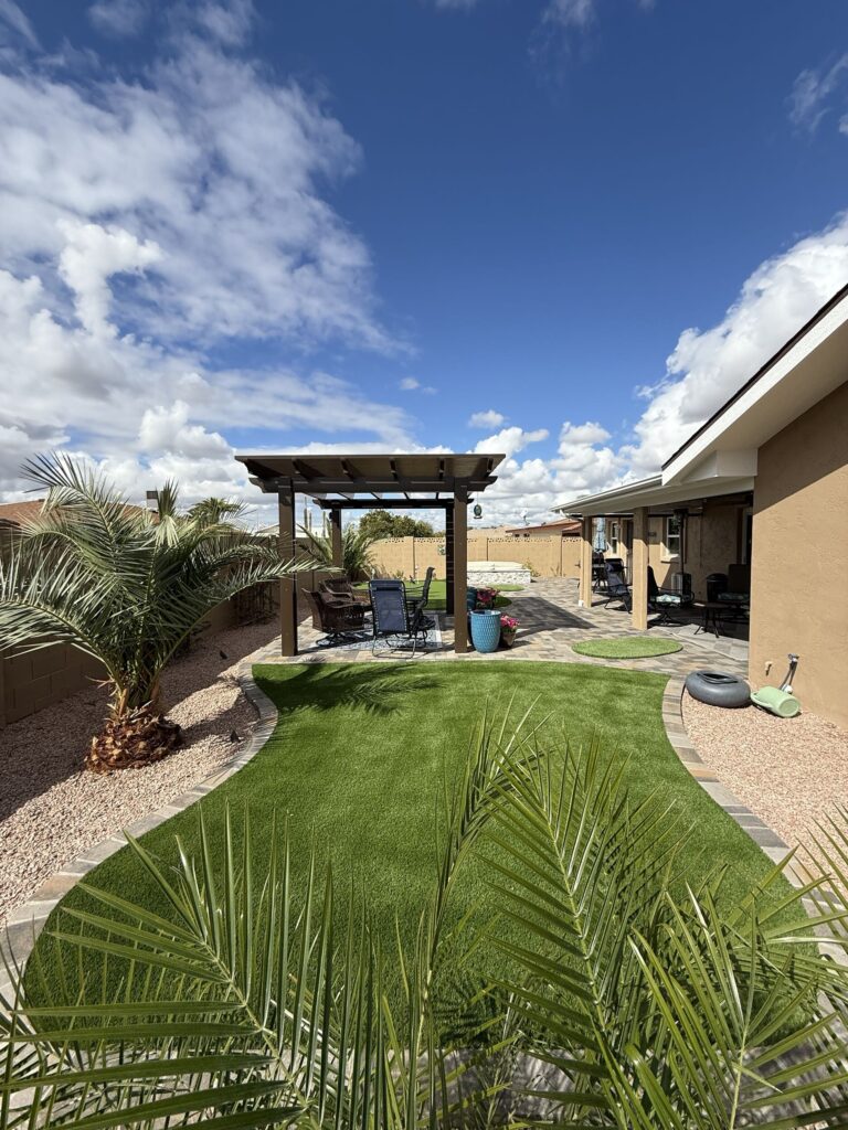 Backyard Spa and Putting Green | Mesa, AZ | artificial turf lawn and pergola 2