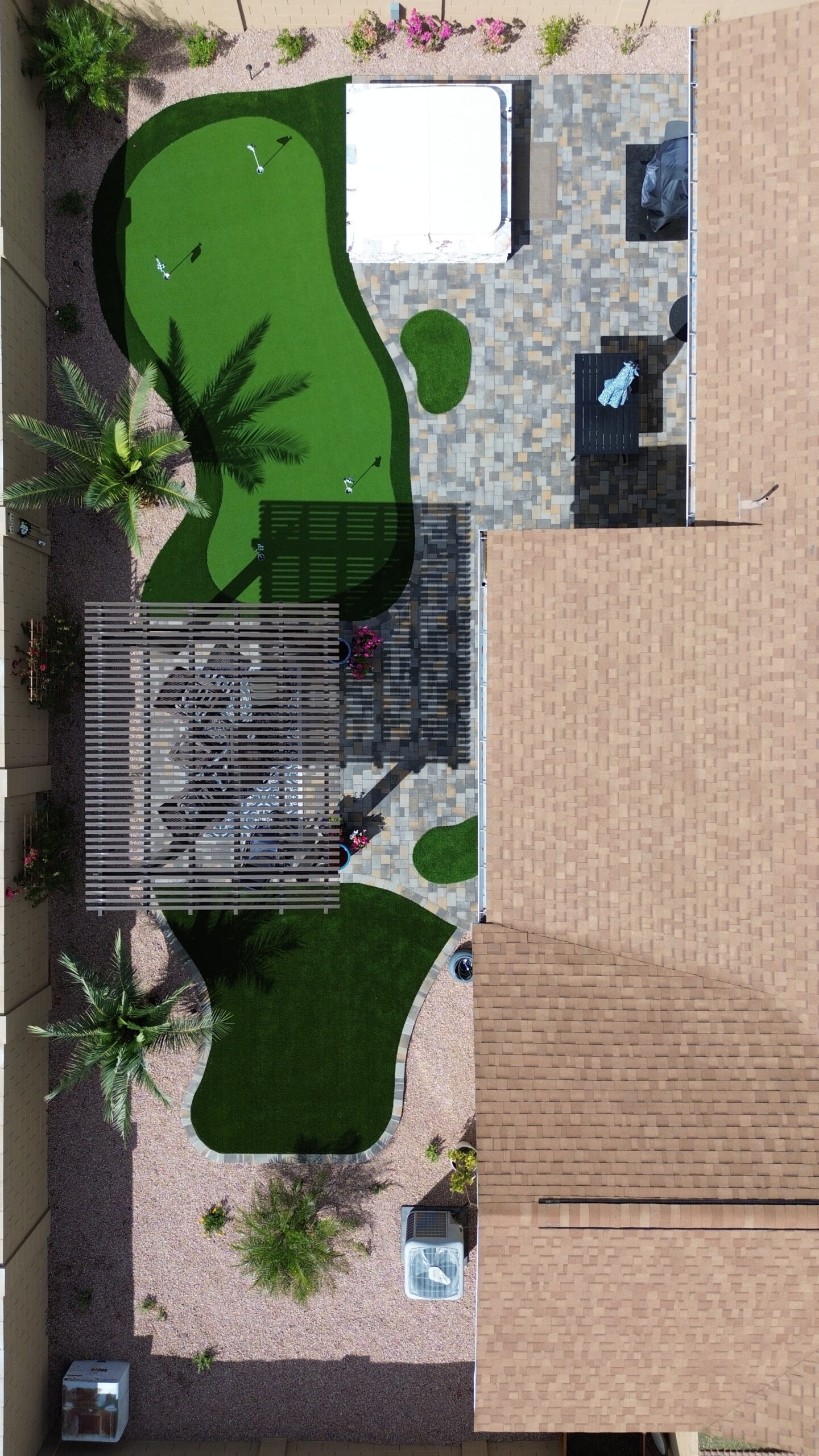 Backyard Spa and Putting Green | Mesa, AZ | aerial view of the finished yard 1