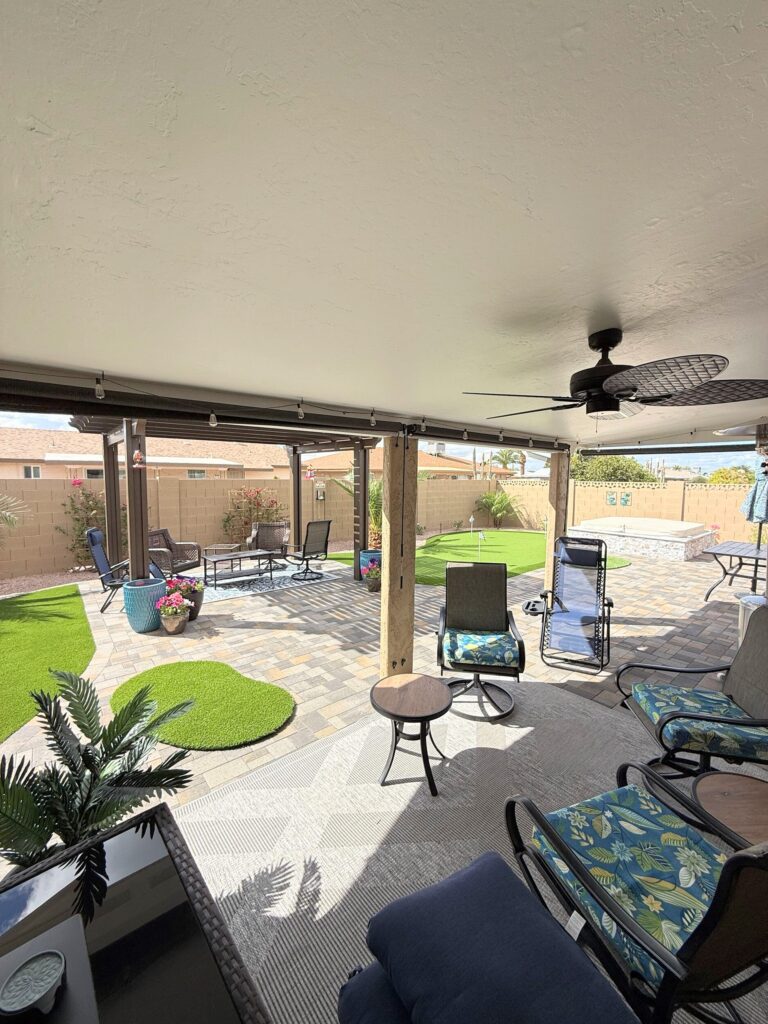 Backyard Spa and Putting Green | Mesa, AZ | covered outdoor living area 5