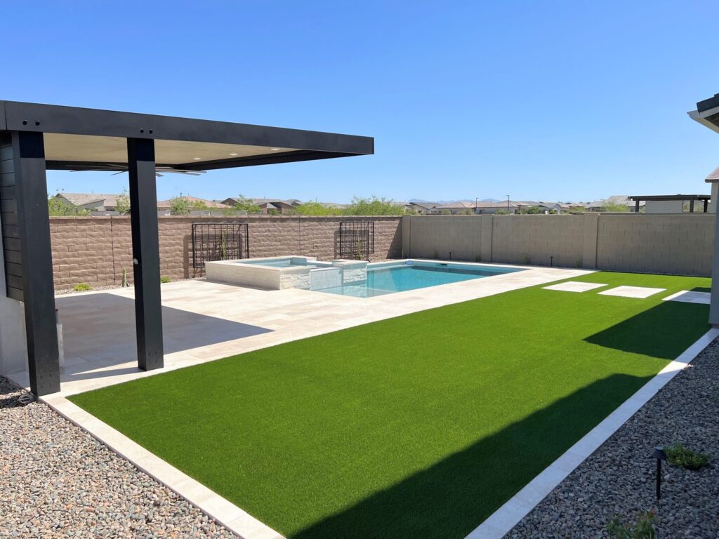 New Build Landscaping | Gilbert, AZ | travertine patio and turf lawn 4